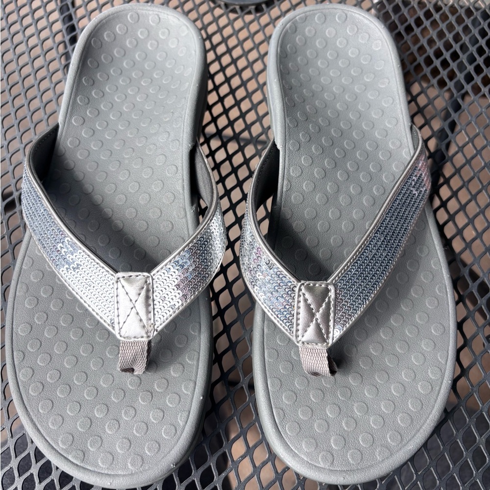Vionic Gray Flip Flops with Silver Accents - Picture 2 of 5